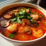 Close-up of a steaming bowl of bright red Thai Shrimp Soup, featuring plump shrimp and mushrooms, garnished with fresh cilantro.
