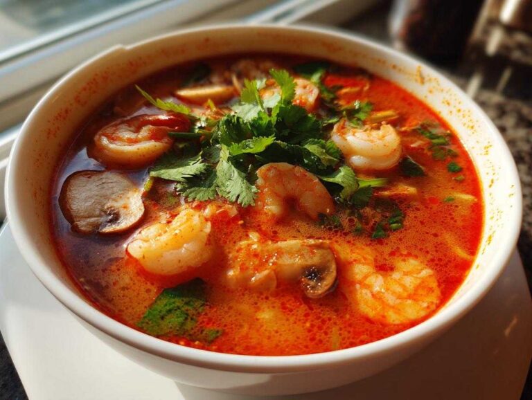 Close-up of a steaming bowl of bright red Thai Shrimp Soup, featuring plump shrimp and mushrooms, garnished with fresh cilantro.
