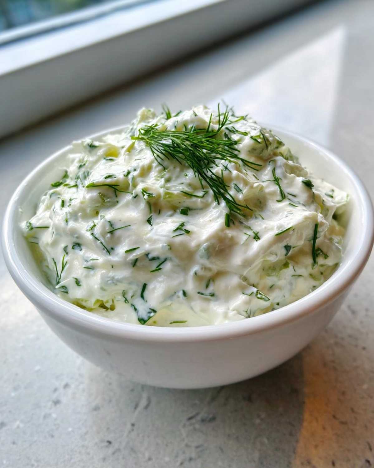 A close-up of thick, creamy Tzatziki Sauce garnished with fresh dill in a small white bowl.