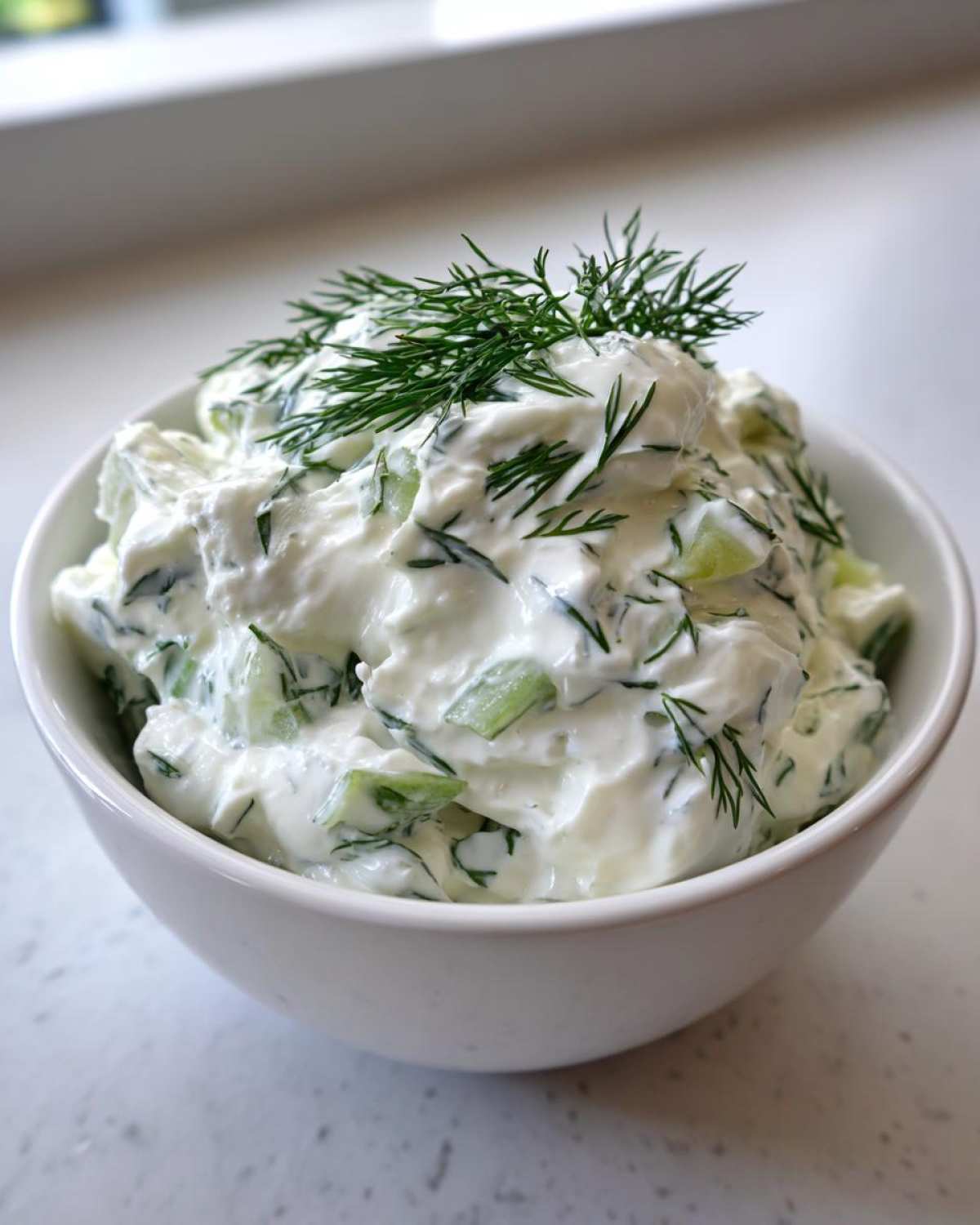 Close-up of thick Tzatziki Sauce in a white bowl, topped with fresh dill.