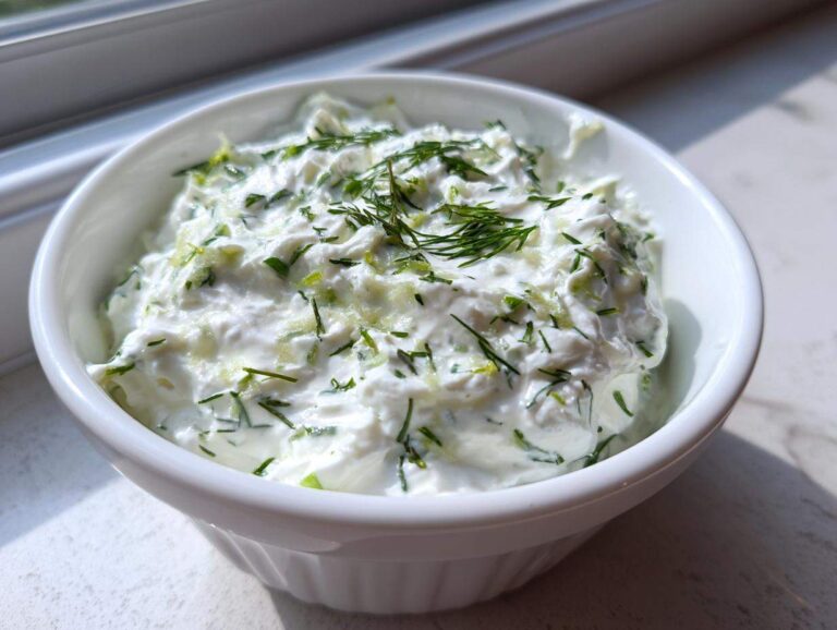Close-up of thick, creamy Tzatziki Sauce garnished with fresh dill in a white bowl.