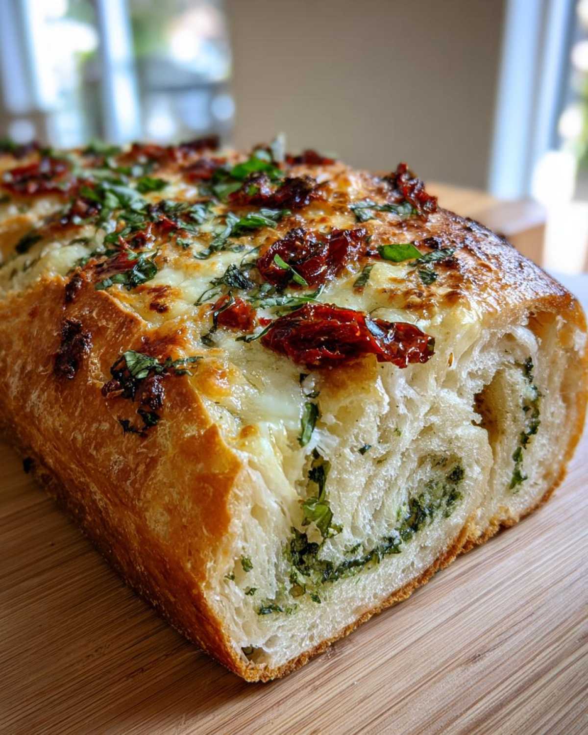 A close-up view of a loaf of Tomato Basil Bread with Melted Mozzarella and Sun-Dried Tomatoes, showing the cheesy, herb-filled swirl inside.