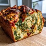 A close-up of a loaf of Tomato Basil Bread with Melted Mozzarella and Sun-Dried Tomatoes, showing the green swirl filling.