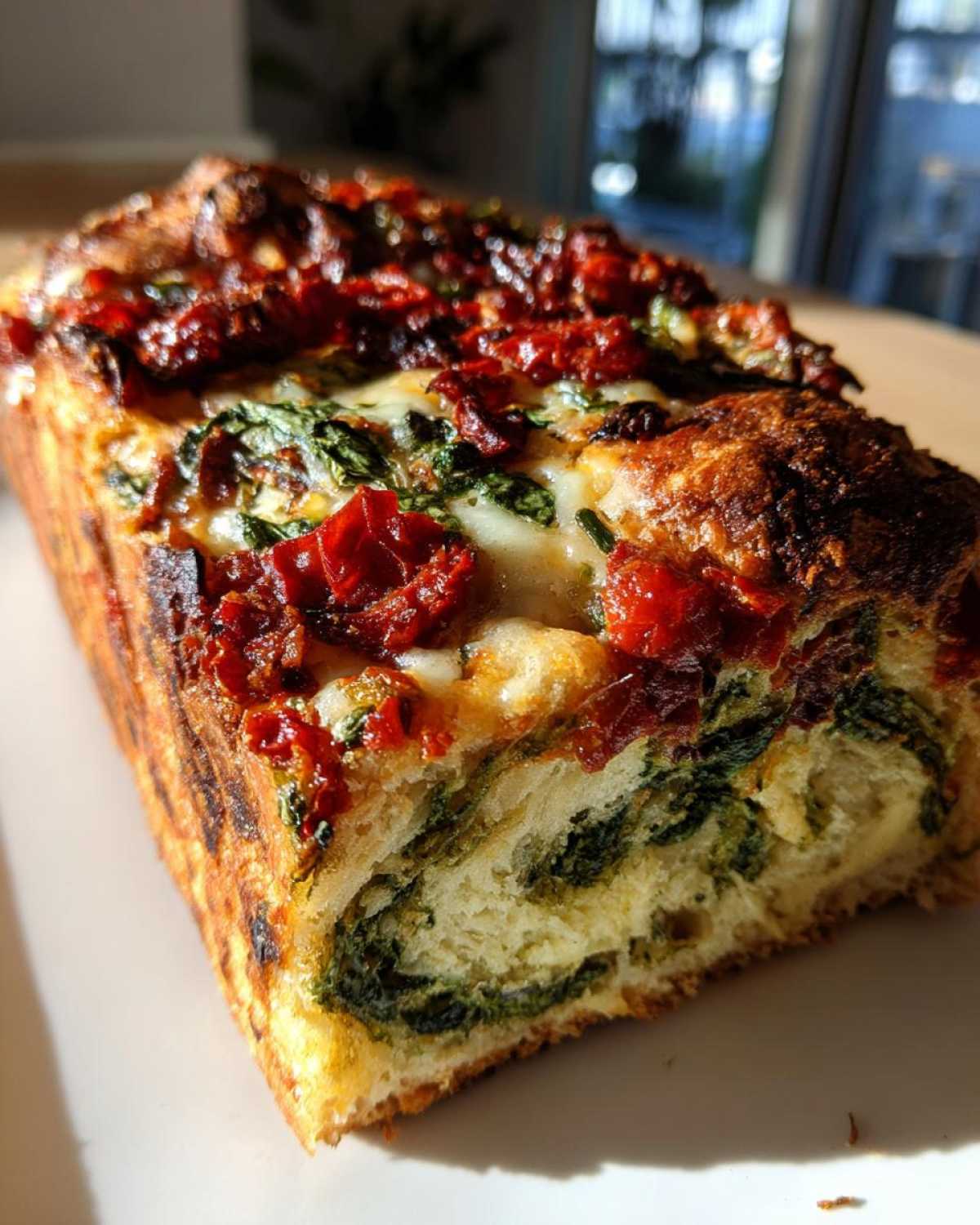 Close-up of a loaf of Tomato Basil Bread with Melted Mozzarella and Sun-Dried Tomatoes, showing the swirl interior.