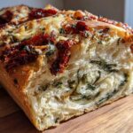 Cross-section of a loaf of Tomato Basil Bread with Melted Mozzarella and Sun-Dried Tomatoes, showing soft interior and cheesy topping.