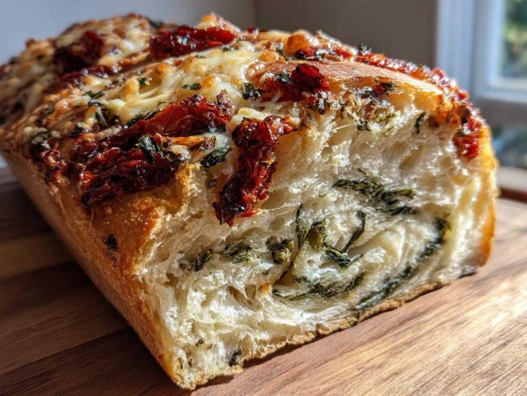Cross-section of a loaf of Tomato Basil Bread with Melted Mozzarella and Sun-Dried Tomatoes, showing soft interior and cheesy topping.