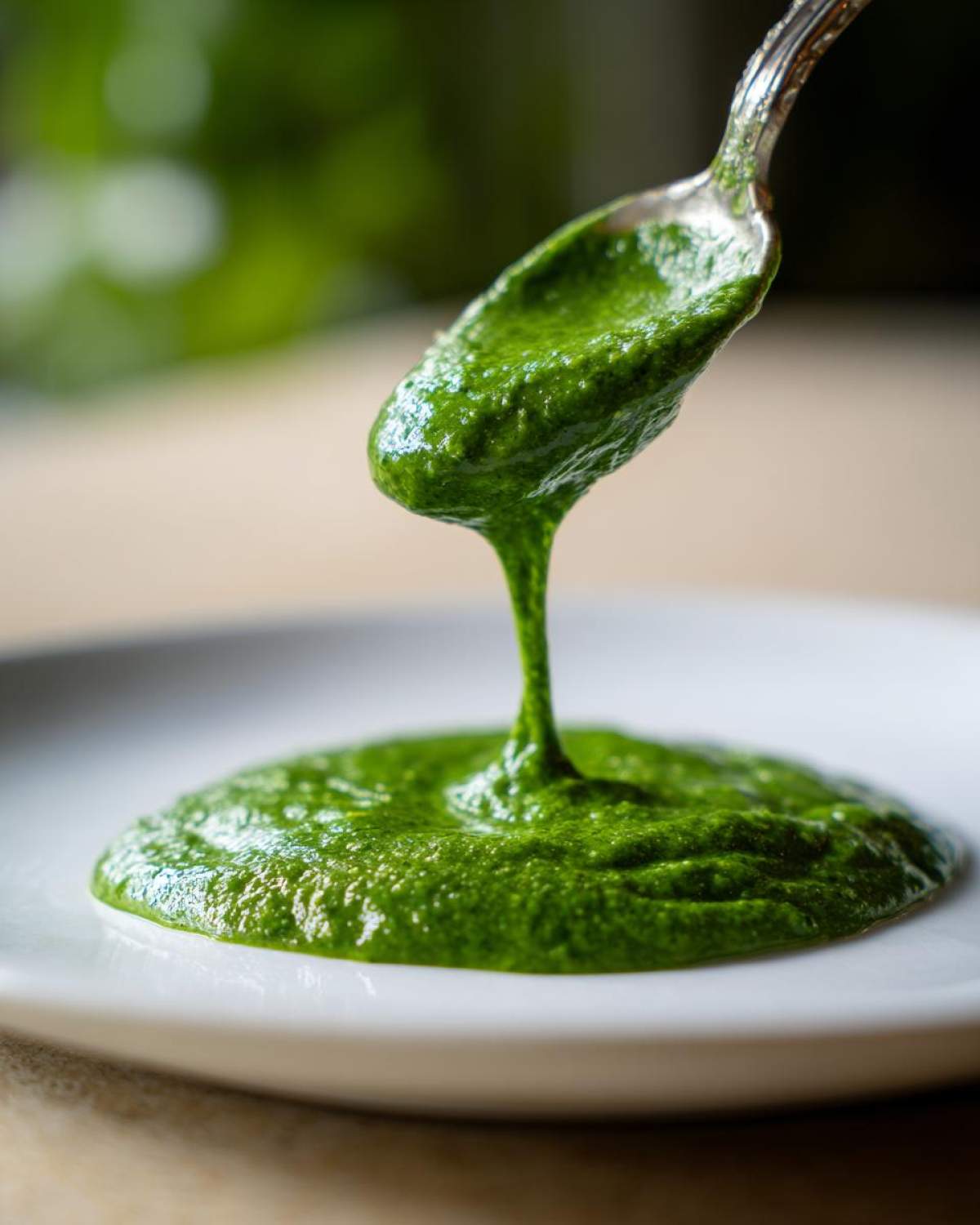 A spoonful of vibrant green sauce is being drizzled onto a white plate, showing the smooth texture of the sauce.