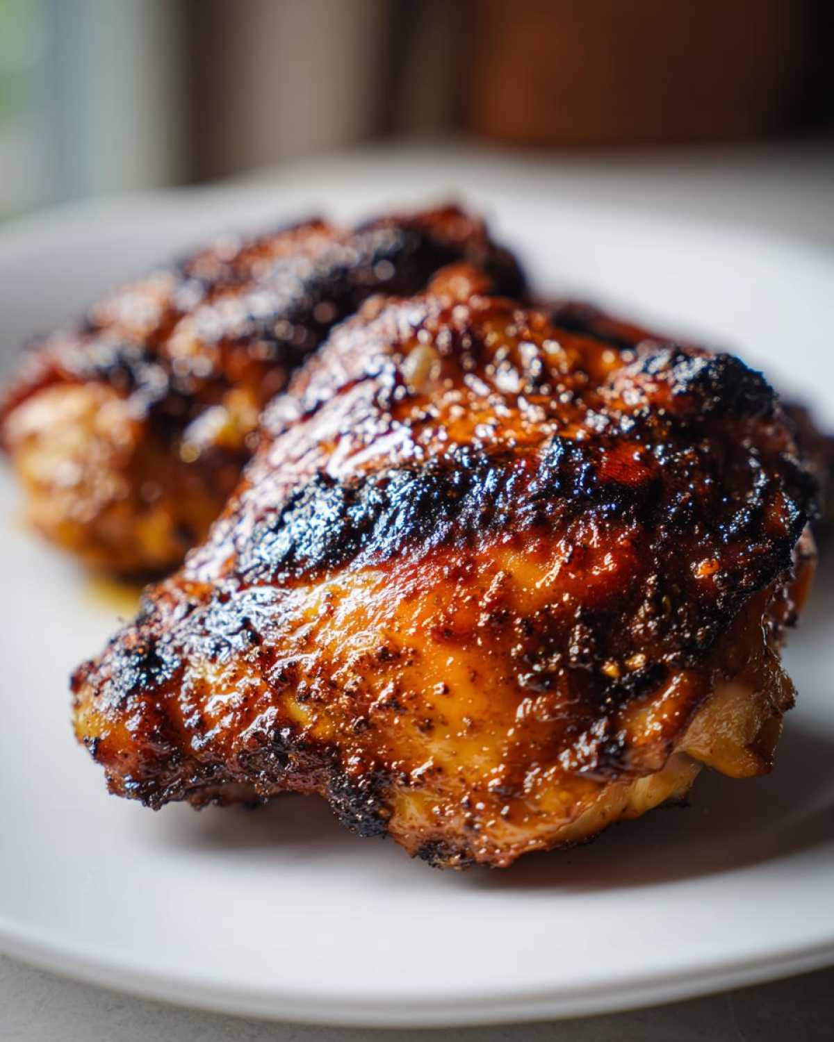 Close-up of two pieces of glistening, caramelized Vietnamese Grilled Chicken with dark char marks on a white plate.