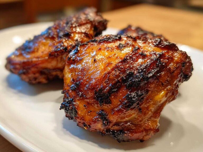Close-up of perfectly caramelized and glazed Vietnamese Grilled Chicken pieces resting on a white plate.