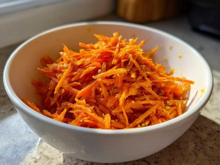 A close-up of bright orange shredded carrots in a white bowl, representing the Viral Tiktok Carrot Salad.