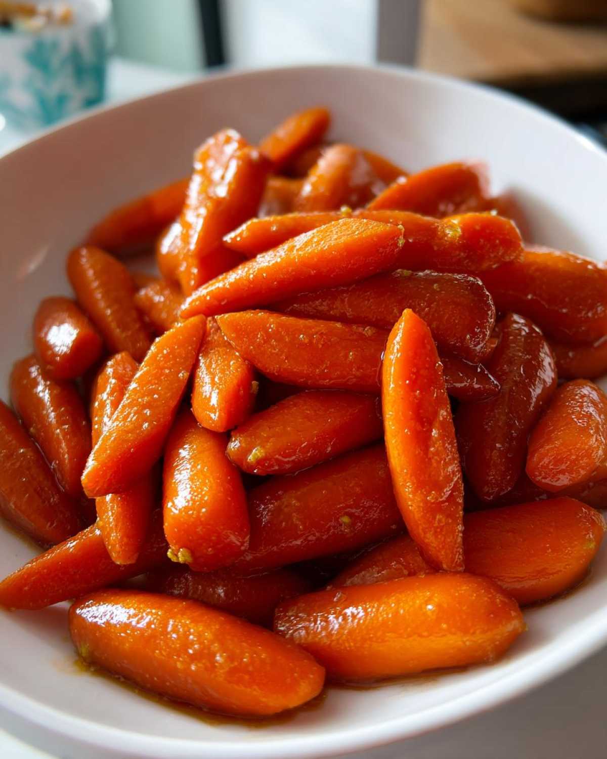 A close-up of bright orange, tender baby carrots coated in a shiny glaze, likely Whiskey Glazed Carrots, served in a white bowl.