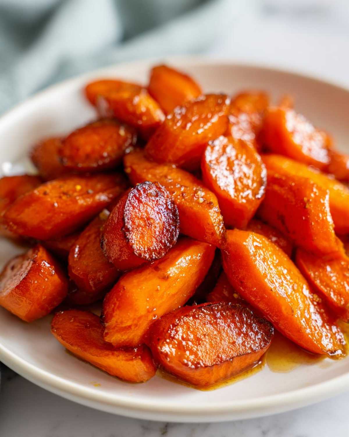 Close-up of sweet, tender Whiskey Glazed Carrots coated in a shiny, dark glaze served on a white plate.