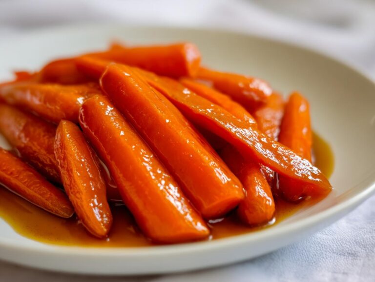 Close-up of tender, bright orange Whiskey Glazed Carrots coated in a rich, amber glaze, served on a white dish.
