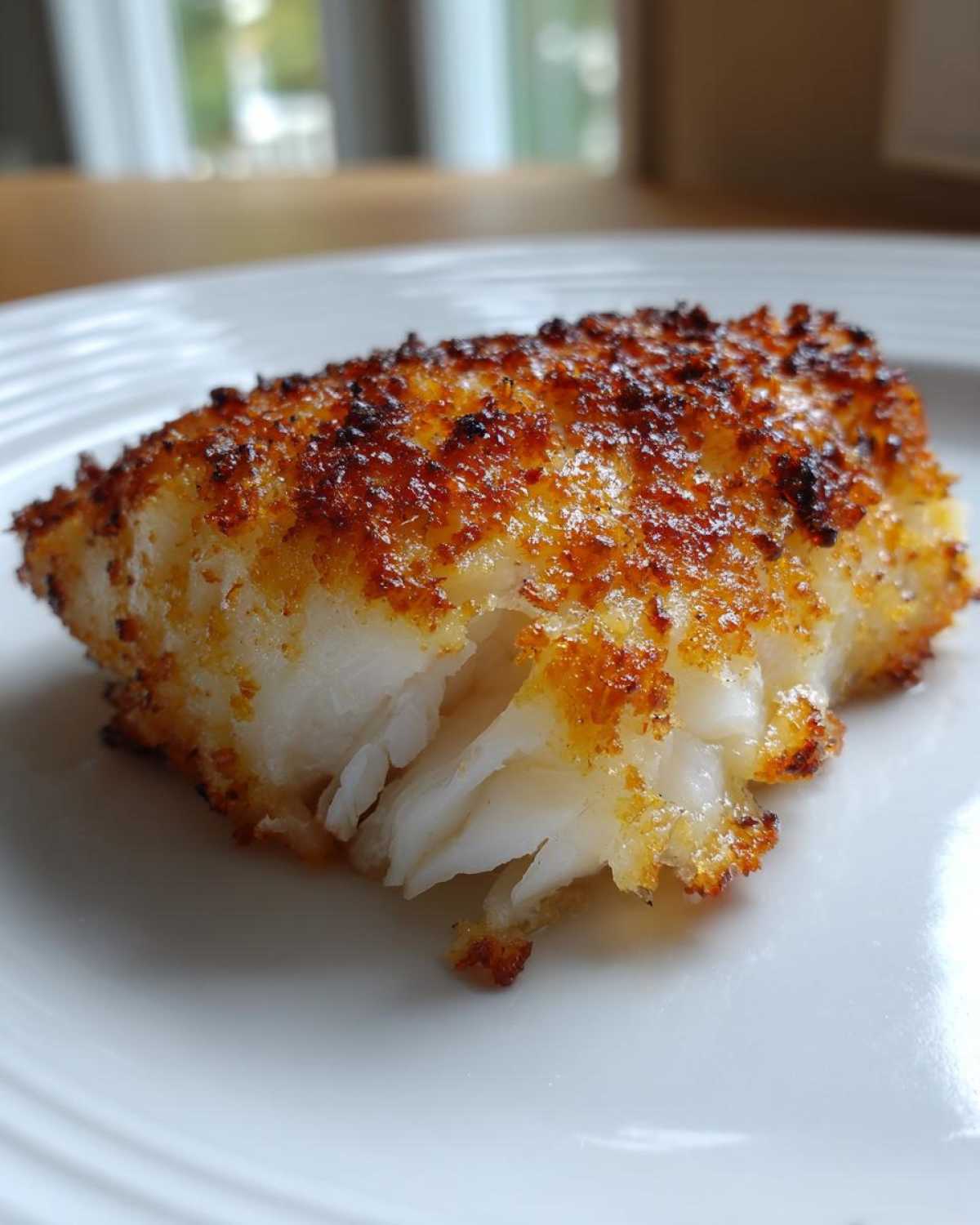 Close-up of a flaky, white cod fillet with a crispy, golden-brown Parmesan crust, ready to eat from the Air Fryer Parmesan Cod recipe.