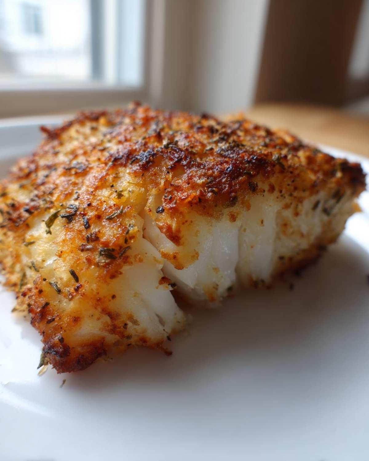Close-up of a perfectly cooked Air Fryer Parmesan Cod fillet showing flaky white fish and a golden, seasoned crust.