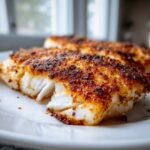 Close-up of flaky white cod fish with a crispy, golden-brown Parmesan crust, ready to eat Air Fryer Parmesan Cod.