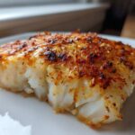 Close-up of a flaky white fish fillet cooked with a golden brown, crispy Parmesan crust, perfect Air Fryer Parmesan Cod.