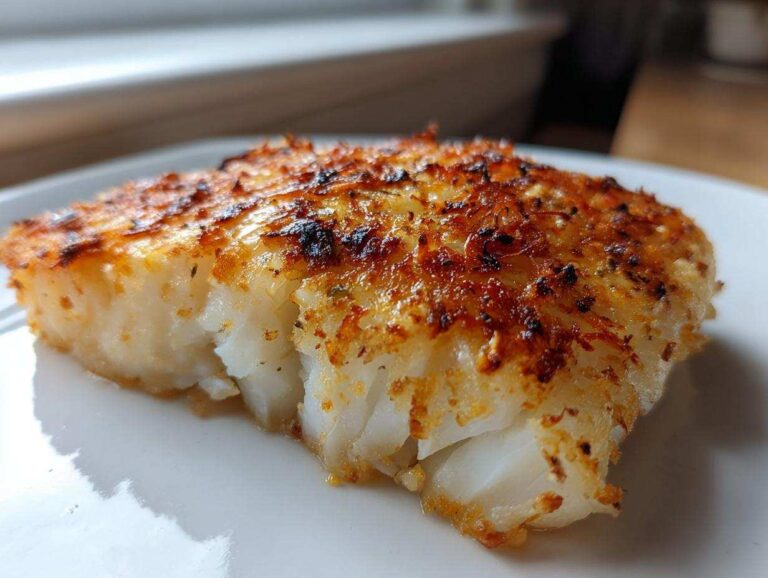 Amazing 9-Minute Air Fryer Parmesan Cod Close-up of a flaky white fish fillet cooked with a golden brown, crispy Parmesan crust, perfect Air Fryer Parmesan Cod.