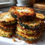 Close-up of golden brown, crispy Air Fryer Zucchini Bites stacked on a white plate.
