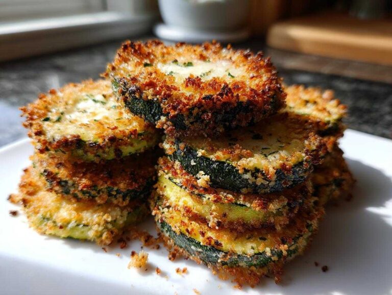 Close-up of golden brown, crispy Air Fryer Zucchini Bites stacked on a white plate.