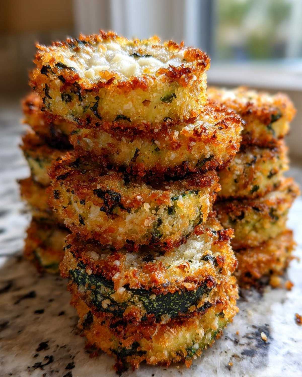 A close-up stack of golden brown, crispy Air Fryer Zucchini Bites on a marble surface.