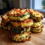 A stack of golden brown, crispy Air Fryer Zucchini Bites resting on a wooden cutting board.