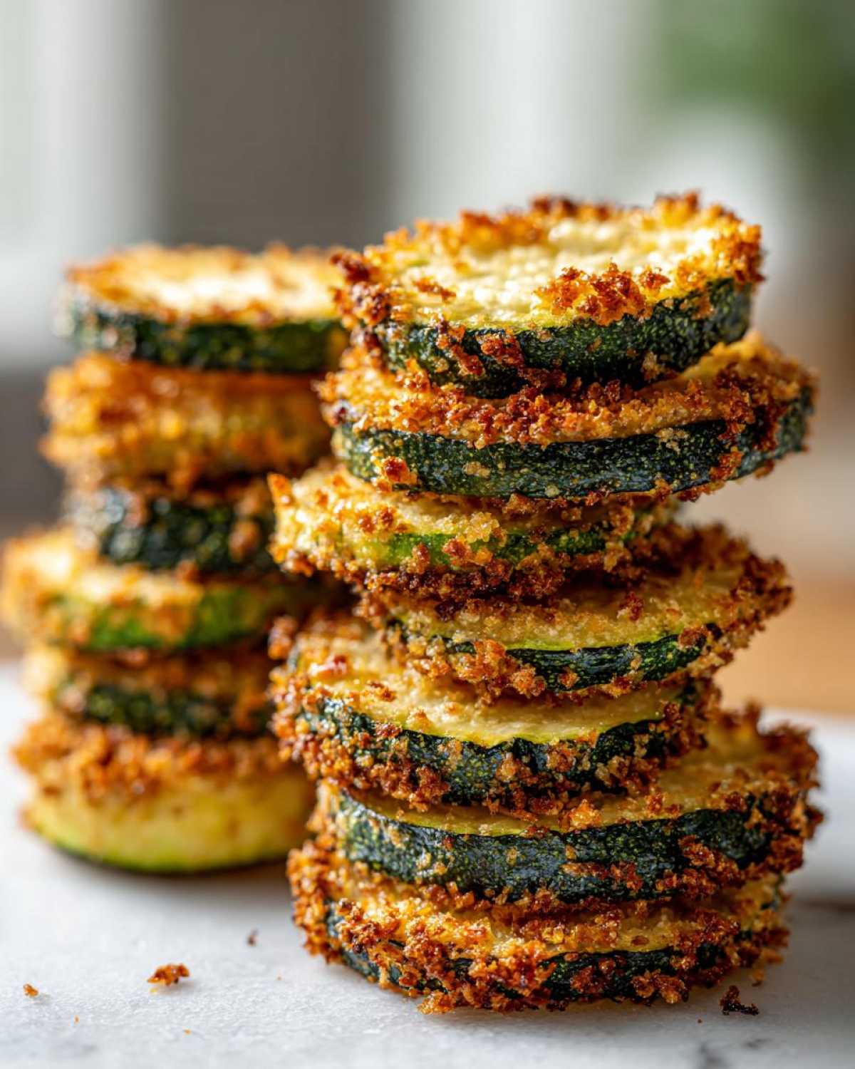 Close-up of stacked, crispy Air Fryer Zucchini Bites with golden brown breading.