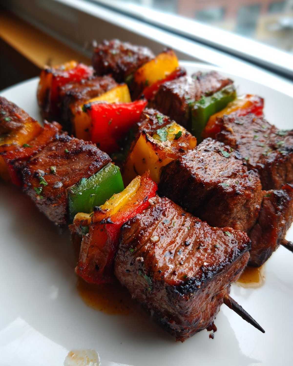 Close-up of juicy, grilled Steak Kebabs featuring seared beef chunks and colorful bell peppers on skewers.