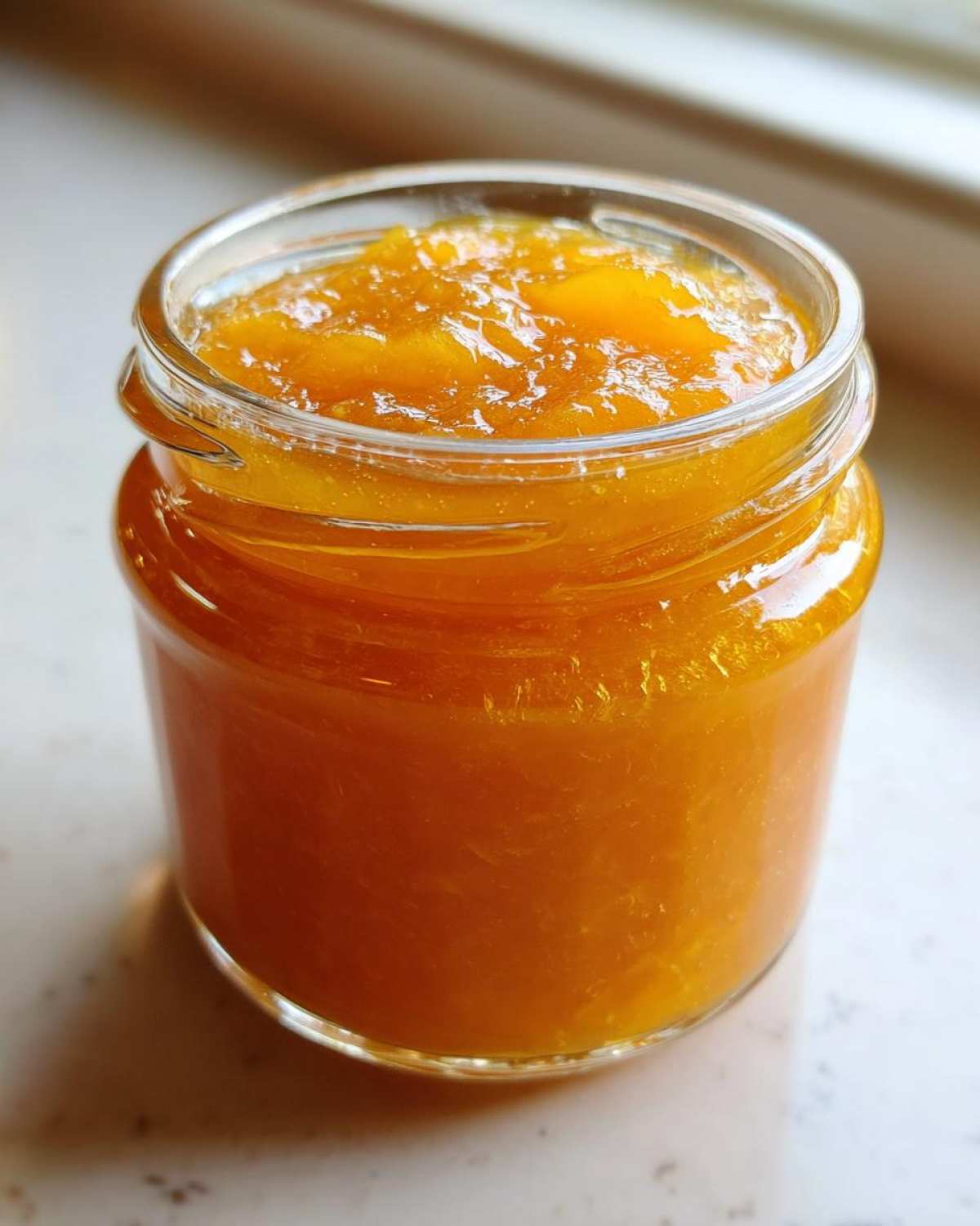 Close-up of a small glass jar filled with bright orange Apricot Jam with Vanilla and Lemon.