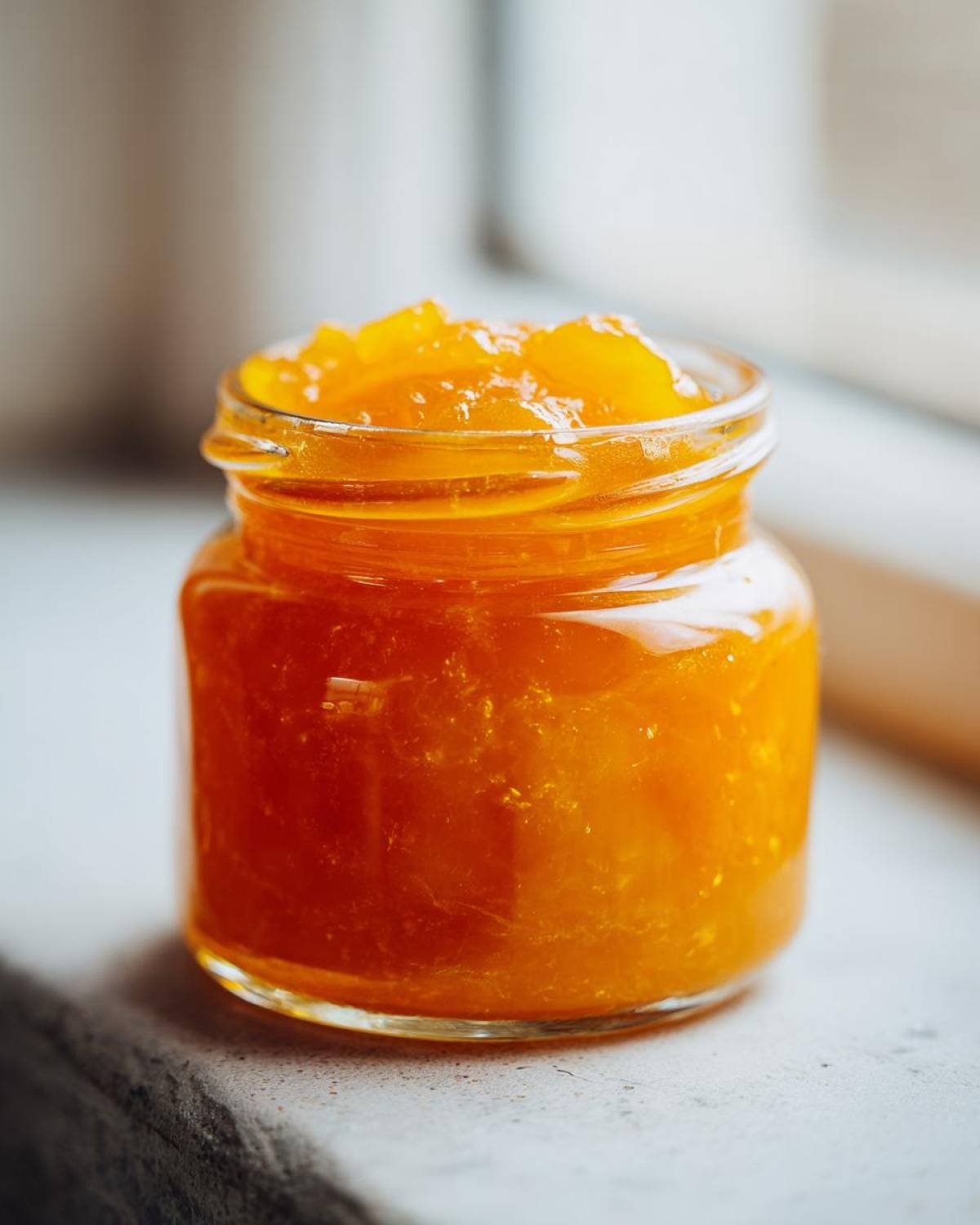 Close-up of a small glass jar filled with bright orange Apricot Jam with Vanilla and Lemon.