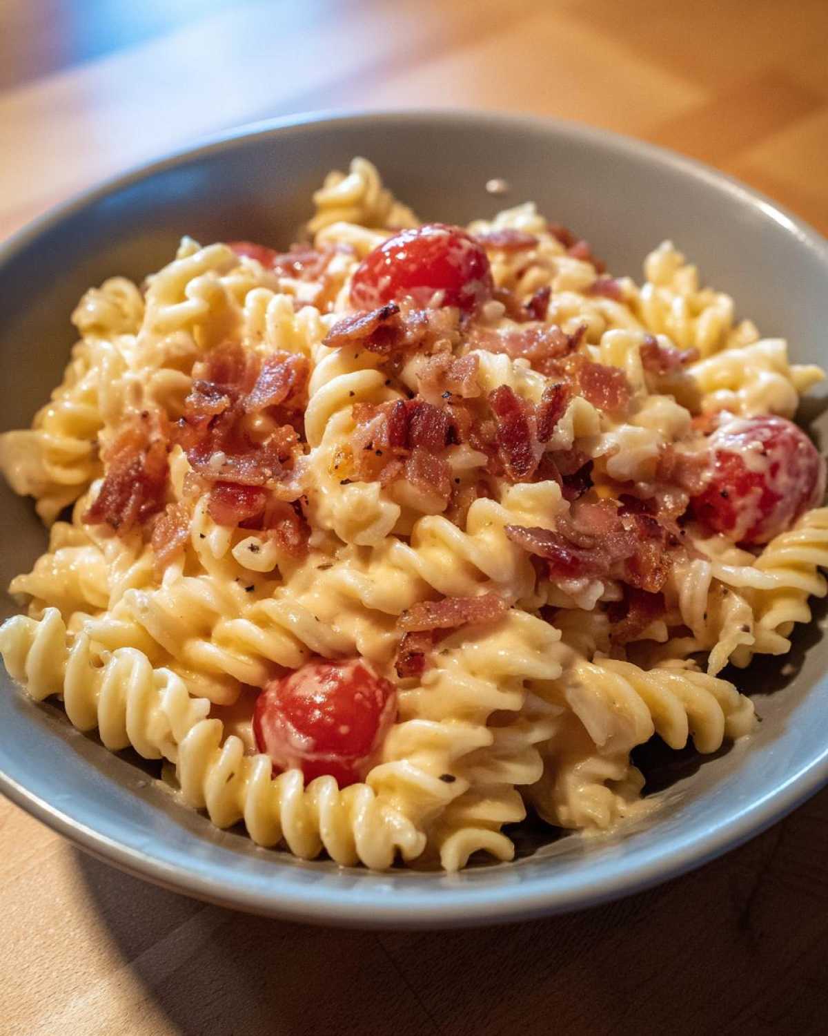 Close-up of creamy BLT Pasta Salad featuring fusilli pasta, cherry tomatoes, and crumbled bacon in a grey bowl.