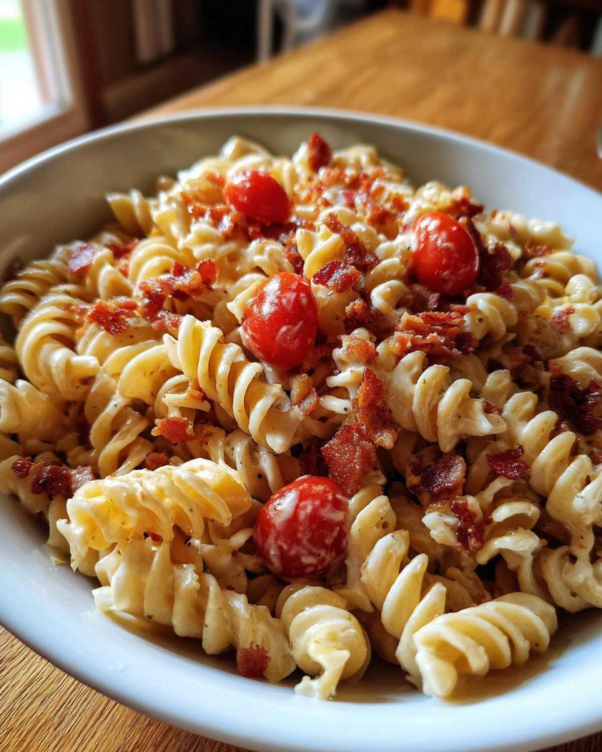 Close-up of a bowl of creamy BLT Pasta Salad featuring fusilli pasta, crumbled bacon, and cherry tomatoes.