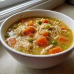 Close-up of a white bowl filled with creamy Chicken Pot Pie Soup, featuring shredded chicken, bright orange carrots, and green peas.