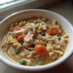 A close-up of a white bowl filled with creamy Chicken Pot Pie Soup, featuring shredded chicken, rotini pasta, carrots, and peas.