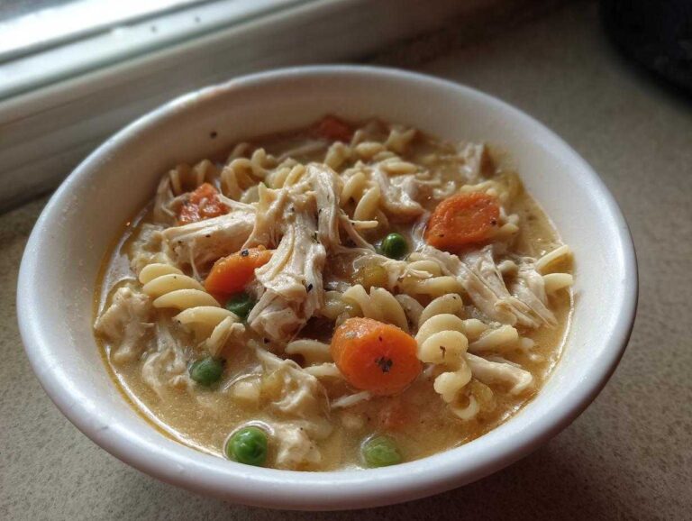 A close-up of a white bowl filled with creamy Chicken Pot Pie Soup, featuring shredded chicken, rotini pasta, carrots, and peas.