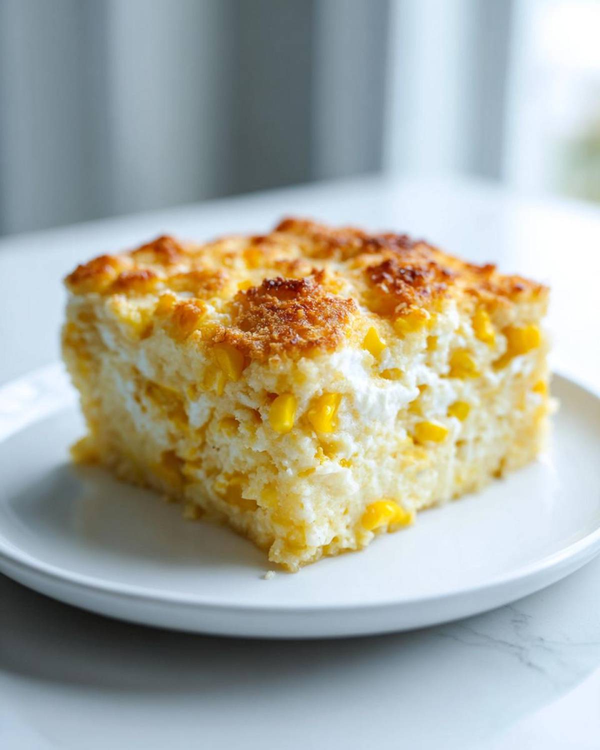 A square serving of creamy, baked Corn & Squash Casserole with a golden-brown top.