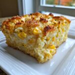 A close-up of a square slice of moist Corn & Squash Casserole with visible corn kernels and a browned, herbed topping.