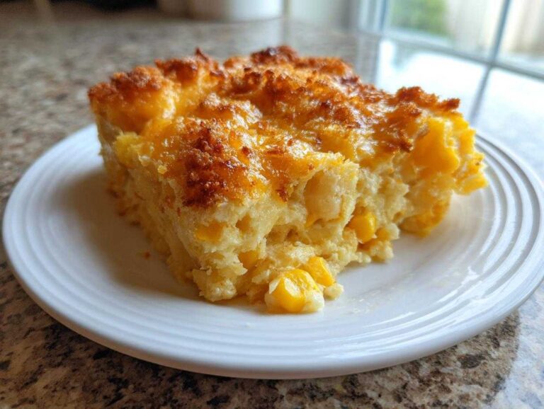 A square serving of creamy Corn & Squash Casserole with a golden, slightly browned cheesy top, served on a white plate.