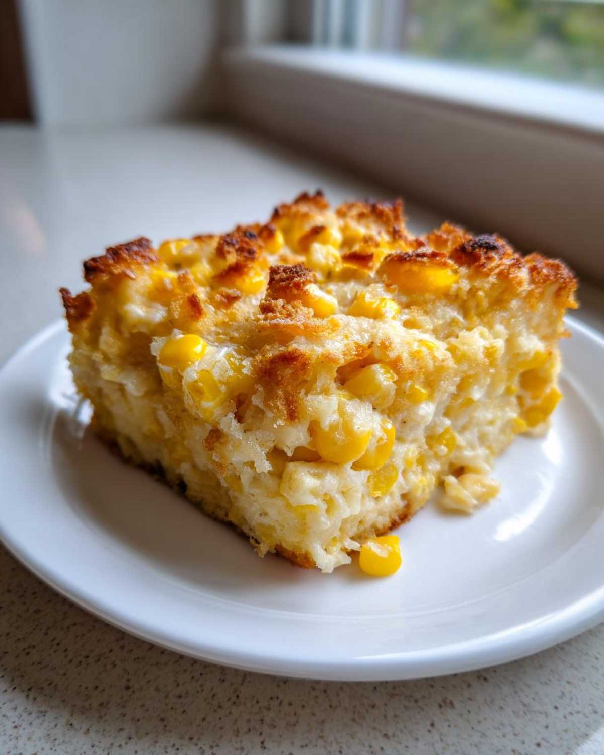 A square slice of creamy Corn & Squash Casserole with a golden, slightly crispy top, served on a white plate.