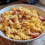 A close-up of creamy Bacon Pasta Salad featuring rotini pasta, shredded cheddar cheese, bacon bits, and cherry tomato halves in a white bowl.