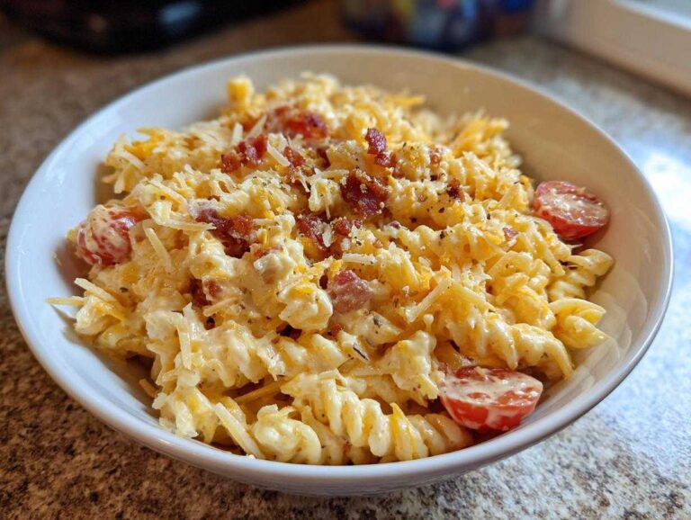 A close-up of creamy Bacon Pasta Salad featuring rotini pasta, shredded cheddar cheese, bacon bits, and cherry tomato halves in a white bowl.