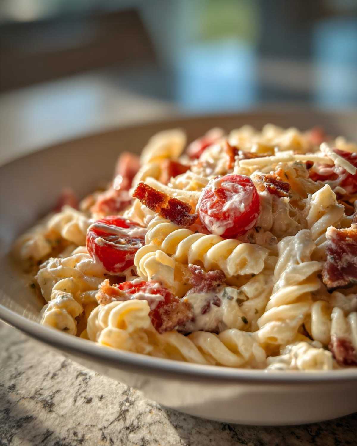 Close-up of a creamy Bacon Pasta Salad featuring rotini pasta, cherry tomatoes, and crispy bacon pieces in a white bowl.