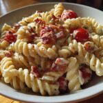 Close-up of a bowl of creamy BLT Pasta Salad featuring rotini pasta, crispy bacon bits, and cherry tomatoes.