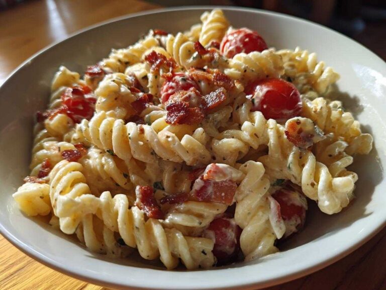 Close-up of a bowl of creamy BLT Pasta Salad featuring rotini pasta, crispy bacon bits, and cherry tomatoes.