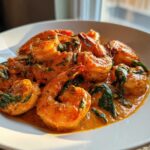 A close-up of succulent shrimp coated in a rich, creamy, orange-hued sauce with wilted spinach, representing the Marry Me Shrimp dish.