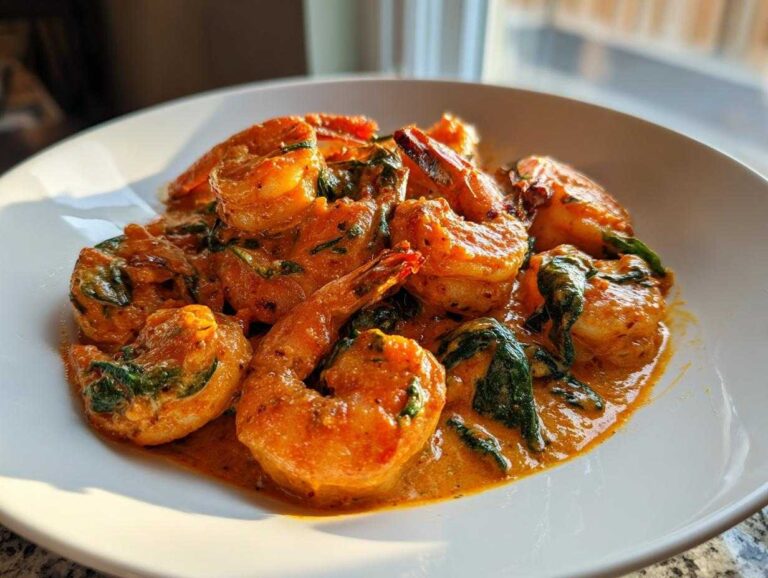 A close-up of succulent shrimp coated in a rich, creamy, orange-hued sauce with wilted spinach, representing the Marry Me Shrimp dish.