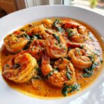 A close-up of succulent Marry Me Shrimp coated in a rich, creamy, orange-hued sauce with wilted spinach.