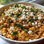 A close-up view of a white bowl filled with creamy Mexican Street Corn Salad, topped with cotija cheese, cilantro, and chili powder.
