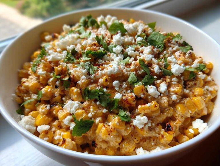 A close-up view of a white bowl filled with creamy Mexican Street Corn Salad, topped with cotija cheese, cilantro, and chili powder.