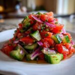 A vibrant mound of fresh Cucumber Onion and Tomato Salad featuring diced tomatoes, cucumbers, and red onion.